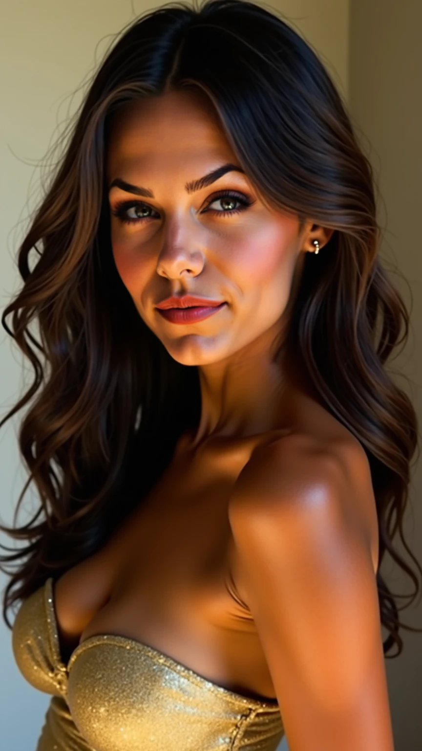 Brazilian woman facing the camera completely naked, with brown hair and a very sensual pose