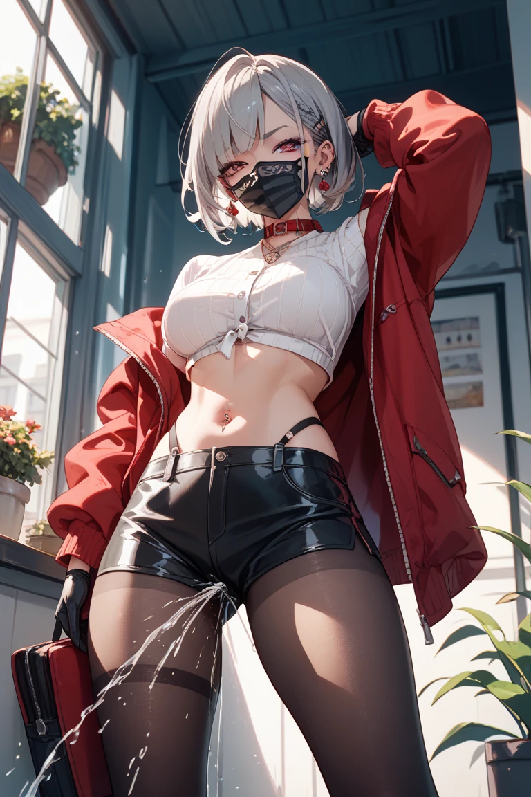 ash grey hair, updo hairstyle, streaks of hair in face, red eyes, mascara, oversized hoodie, midriff, hot pants, tights, bags under eyes, saggy , chocker, goth girlfriend, hyper realistic, raw photography, 8k, masterwork,