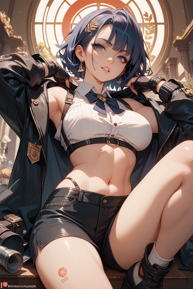(((masterpiece, highest quality:1.3))),cowboy shot,20 year old beauty,female soldier, ((Navy officer in black uniform、Cropped jacket、navel、Black tight mini skirt)),solo,((very small head)),dark purple hair,short bob hair,blunt bangs,purple eyes,blush,smile,medium breasts,(very long body,slender body),skinny,gleaming skin,oily skin,sweat,standing,at night、Moonlight shining in、taisho steampunk、Tokyo in the Taisho era、