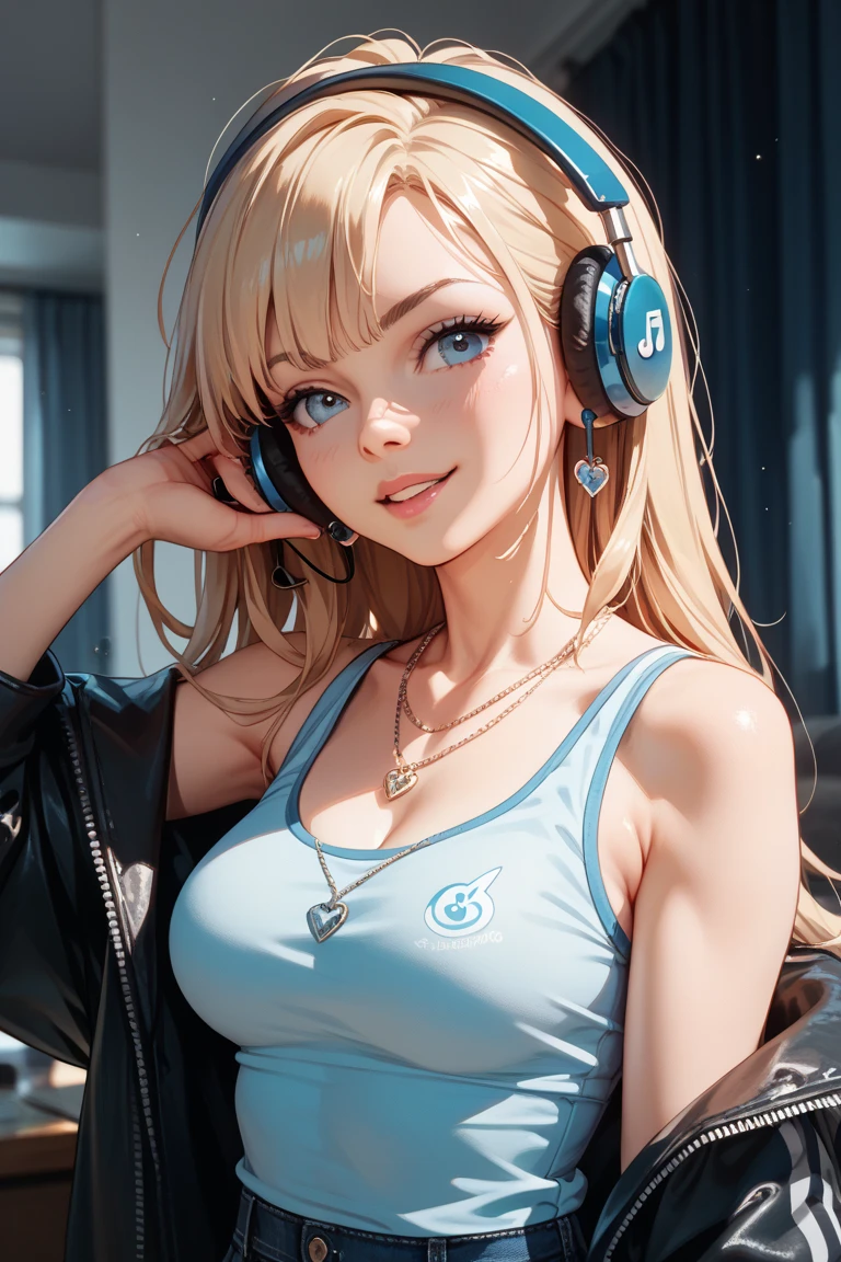 A blonde DJ with clear eyes and beautiful smile, wearing her high-quality headset. He's looking at me using his record player. She has large breasts and shows off her cleavage. Detailed is realistic
