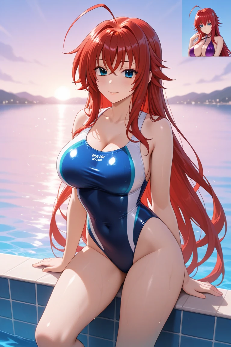 (masterpiece:1.2, best quality:1.2, beautiful, high quality, highres:1.1, aesthetic), detailed, extremely detailed, ambient soft lighting, 4K, perfect eyes, perfect face, perfect lighting, 1girl, solo, huge breasts, huge thighs, narrow waist, wide hips, thick thighs, curvy, standing, looking at viewer, facing viewer, Rias Gremory, rias form high school dxd, one piece swimsuit, blue swimsuit, (((blue eyes))), red hair, antenna hair, wavy hair, pool,