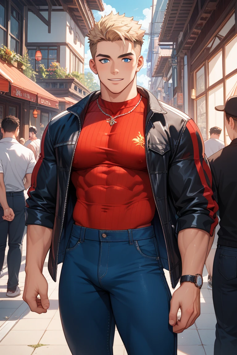 1boy,male focus,jacket,solo,jewelry,shirt,black hair,open jacket,open clothes,short hair,outdoors,looking at viewer,necklace,pants,black shirt,red jacket,closed mouth,artist name,covered abs,hands in pockets,pectorals,black pants,muscular,off shoulder,city,muscular male,building,undercut,