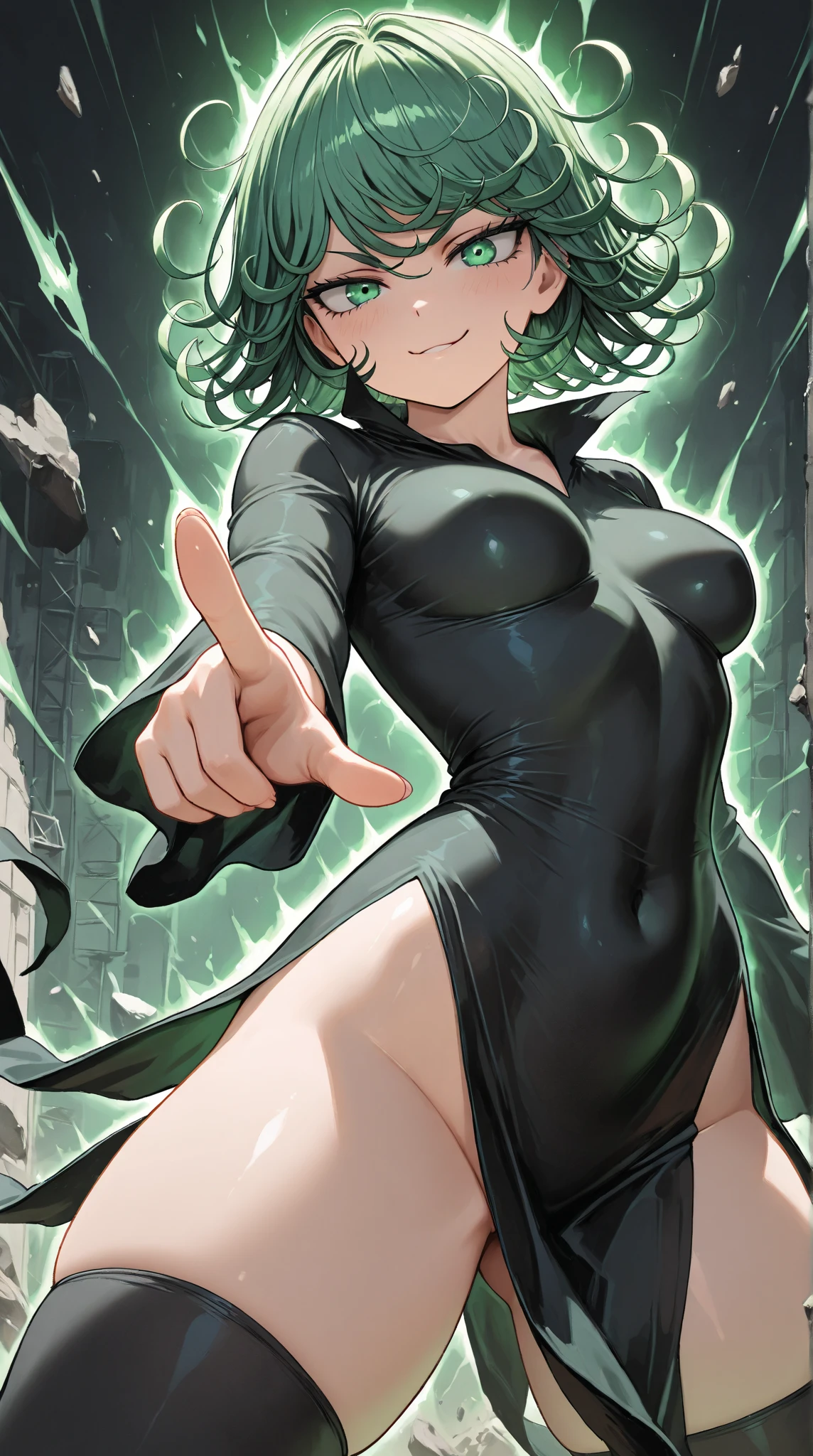 (hews art style:0.7), score_9, score_8_up, score_7_up, score_6_up, uncensored, YamashiroRen, long hair, black hair, blunt bangs, hair ornament, purple eyes, BREAK (masterpiece:1.2), best quality, high resolution, (beautiful detailed eyes:1.3), perfect lighting, (perfect hands, perfect anatomy), hearts, pleasured, huge breasts, sagging breast, 1girl, thighhighs, breasts, dress, green dress, necklace, large breasts, solo focus, jewelry, looking at viewer, covered navel, thighs, hand on own hip, long sleeves, smile, black thighhighs