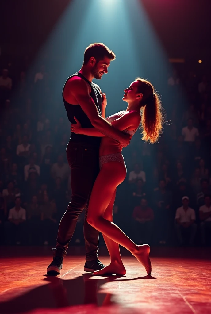 A young Puerto Rican man hairy bearded strong muscular red underwear bulge bulge, standing with legs open, about a beautiful woman in red panties lying on the floor who pulls her underwear down, in performance on a stage of a television program presented by a famous presenter.