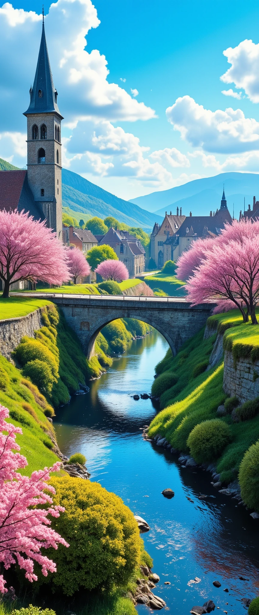 in high-definition images、Spring Prairie Image Masterpiece 、 bright color 、Spectacular Dramatic Expression Intense Style 、 Small Village with European Churches 、 Gothic Bridges 、 River Valley River、 Cherry blossoms along the river 、 Crystal Water Top Quality Delicate Details 、Ultra Clear 、 Screen Environment 、 realistic shadows 、 STURDY BUILDING。