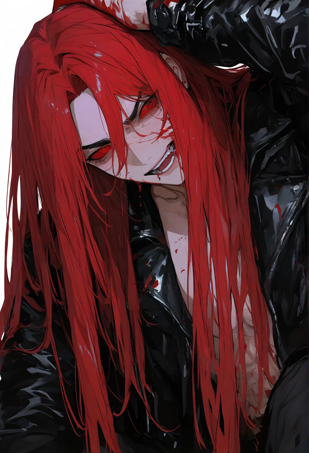 (best quality,4k,8k,high resolution,masterpiece:1.2), Super detailed,high dynamic range, ultra high definition, studio lighting, Ultra-fine painting, sharp focus, Physically based rendering, extremely detailed description, professional, bright colors,male,long hair,Sweep bangs,Blood-red hair,black jacket,black glasses,red gloves,black tie,alone,male,Grinning,slope_Eye,carmen Eye,night,Put your right hand in your pocket,Hold glasses with left hand