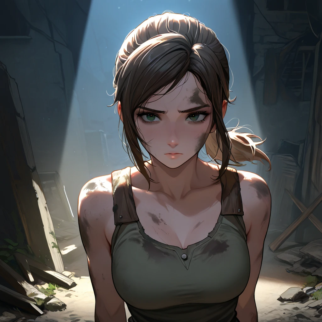 anime woman, in the form of Ellie, the last of us, green eyes, big partially naked , masterpiece, high quality, post-apocalyptic slightly dirty high quality, high detail, at night by the fire
