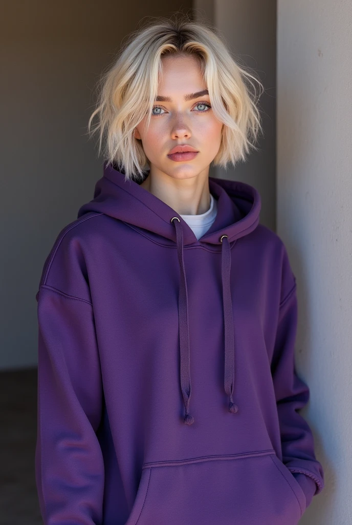 best quality, 8k, masterpiece, beautiful Caucasian woman wearing grey leggings and a grey hooded sweatshirt, thigh gap, chubby, perfect , petite, big green eyes, short black and pink hair, messy hair, detailed facial features, detailed, symmetry, cinematic lighting, realistic photo, scene in a living room