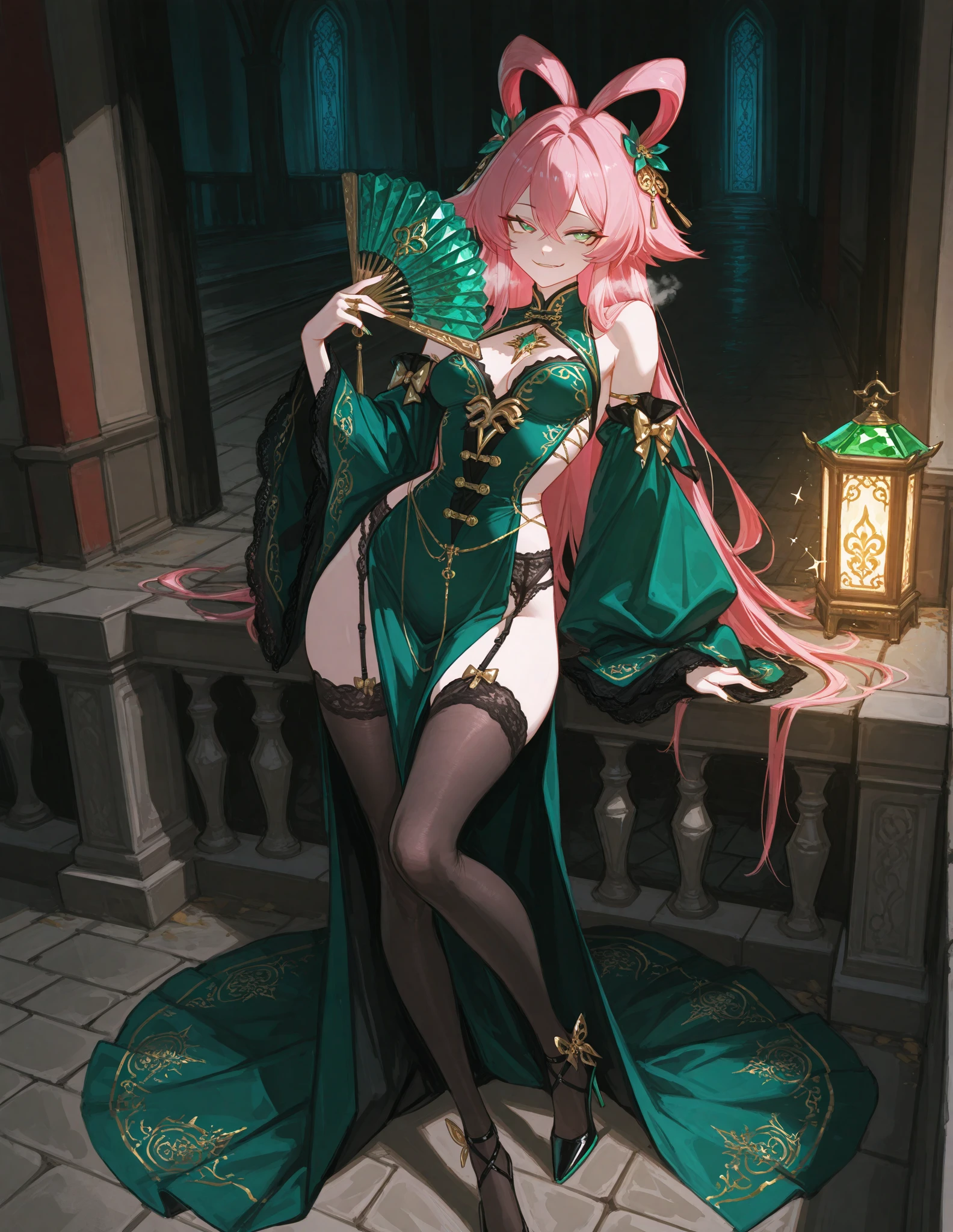 1female,25 yers old,A MILF,medium breast,独奏,(Background with:the rainforest,lotus flower,Sateen) She has long pink hair,bobo head,seen from the front, standing in city,cloudy sky,((tmasterpiece),Very detailed CG unity 8K wallpaper,best qualtiy,cinmatic lighting,detailed back ground,beatiful detailed eyeright pupils,yellow eyes,Snow-whiteskin,(Very fine and beautiful),(Beautiful and detailed eye description),ultra - detailed,tmasterpiece,))facing at camera,A high resolution,ultra - detailed),extremely large bosom,A sagging breast,revealing breastare genitalia, Bulge,legs are open,Raised sexy,,Flushed complexion,Desire for dissatisfaction,frontage,(Wearing: Green cheongsam, pantyhose, long gloves)
