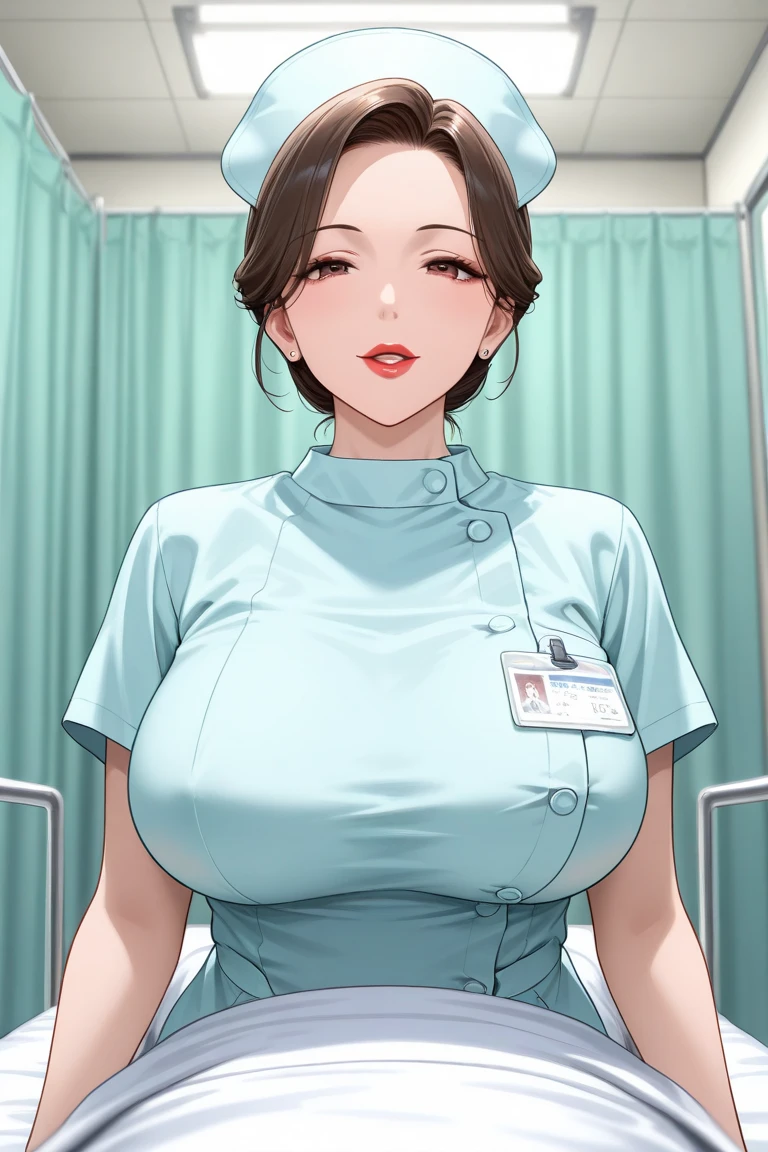 1 lady only, (look down), (from below), (Looking out from behind the partition curtain), Medical staff, (Nurse), Mature female, /(black hair/) Bangs, Friendly Smile, (Masterpiece best quality:1.2) Exquisite illustrations are super detailed, Big BoobsBREAK (hospital ward) Indoors, (Bright white ceiling:1.2), (View from the bed:1.2), Detailed Background