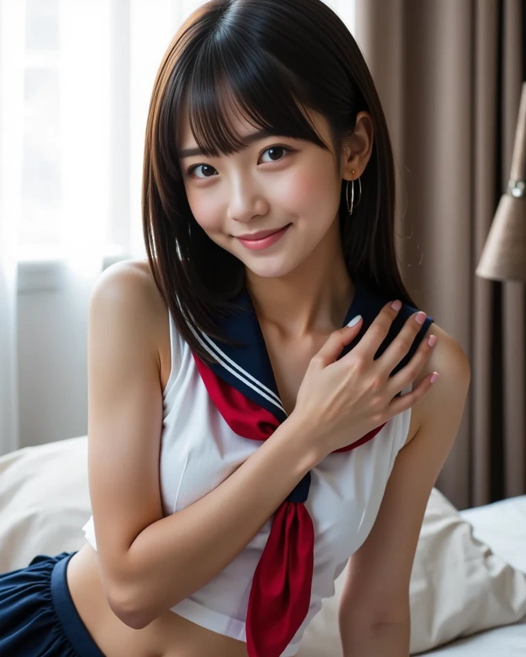 Ulchan-6500-v1.1, (Raw photo:1.2), (realistic:1.4), beautiful detailed girl, very detailed eyes and face, beautiful and detailed eyes, huge file size, (big), High resolution, very detailed, highest quality, [masterpiece:1.6], [jk uniform], illustration, very detailed, CG, small details, highest quality, Highly detailed CG uniform 8K wallpaper, movie lighting, 1 girl, 17 years old, cute japanese schoolgirl, perfect figure, [unbuttoned white school blouse], big firm chest, [huge breasts, heavy chest: 1.6], cute droopy eyes, beautiful big eyes, white school blouse, see-through bra, sweaty and wet, [sexual excitement: 1.1], [sexual excitement: 1.1] lying in bed: 1.5], raised his hand, uniform ribbon around the neck, smile, (the whole body is wet), Shining eyes