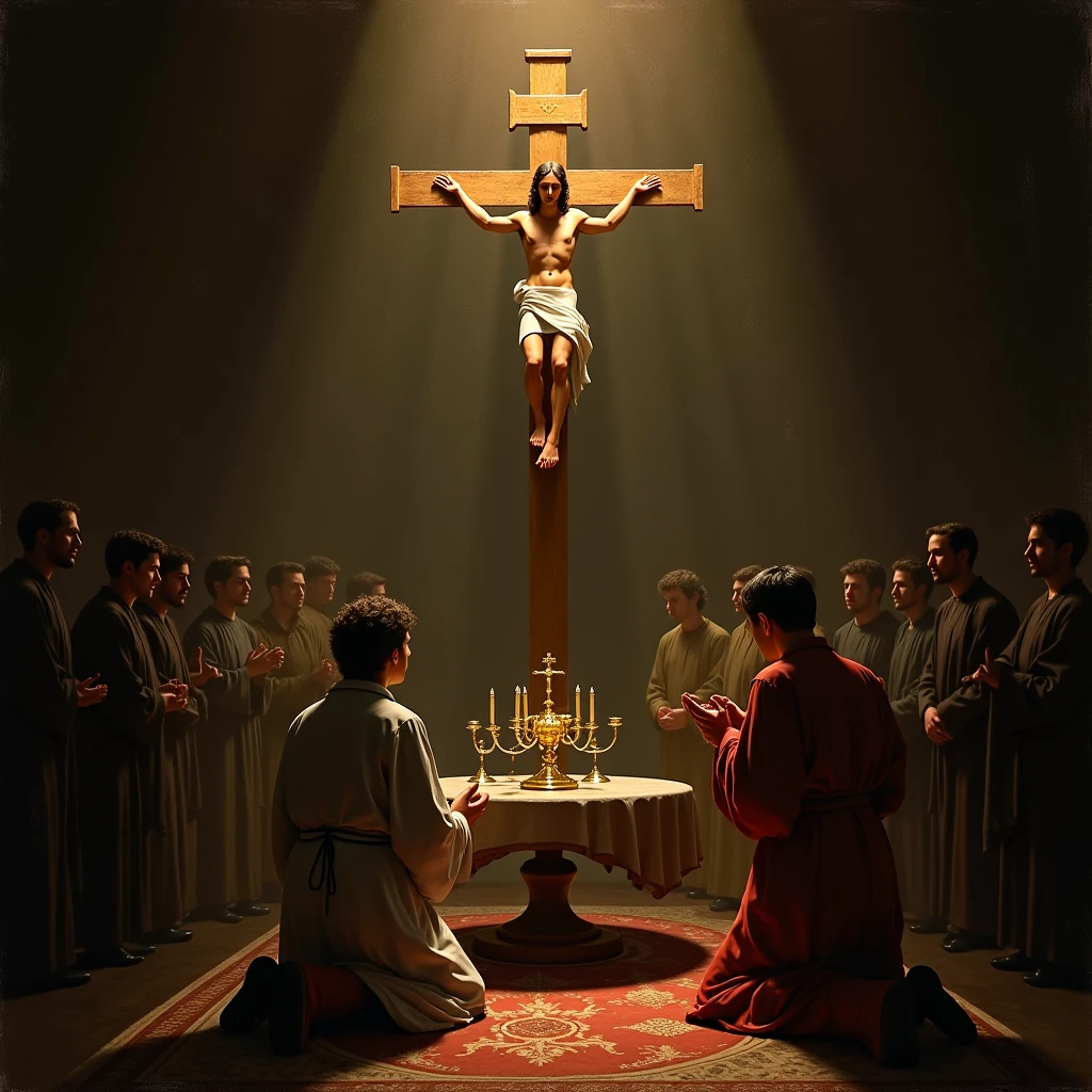 the bible, crucifix and people


