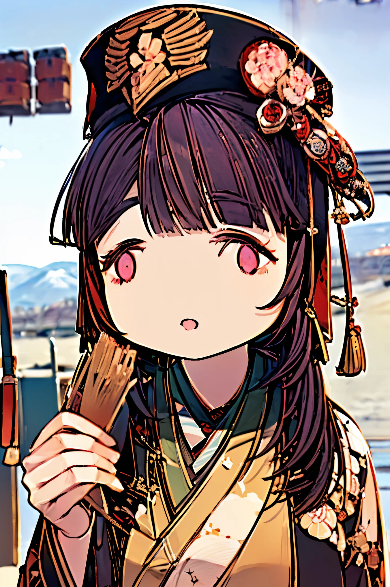 (masterpiece:1.5),beautiful hair,beautiful eyes with a vagina,Beautiful slender body,(Konno Anna:1.2),(Riho Yoshioka:1.1),(closes her eyes and sticks out her tongue:1.3),(Mountains in the background:1.4),bust illustration from the front ,Cleavage,((((An Extraordinary Beauty:1.7)))),((((military jacket, kimono,Japanese and Western,Taisho Romance:1.5)))),((19-year-old single woman holding a fish in her hand:1.1)),(accurately depicted anatomically correct hands:1.1) dark hair,long lashes,Three-dimensional, jewel-like eyes,Very delicate and beautiful CG,2. 5D illustration, Anatomically Accurate Body, (Extremely precise illustrations:1.1),(Outdoors:1.4), (wallpaper:1.4),8k