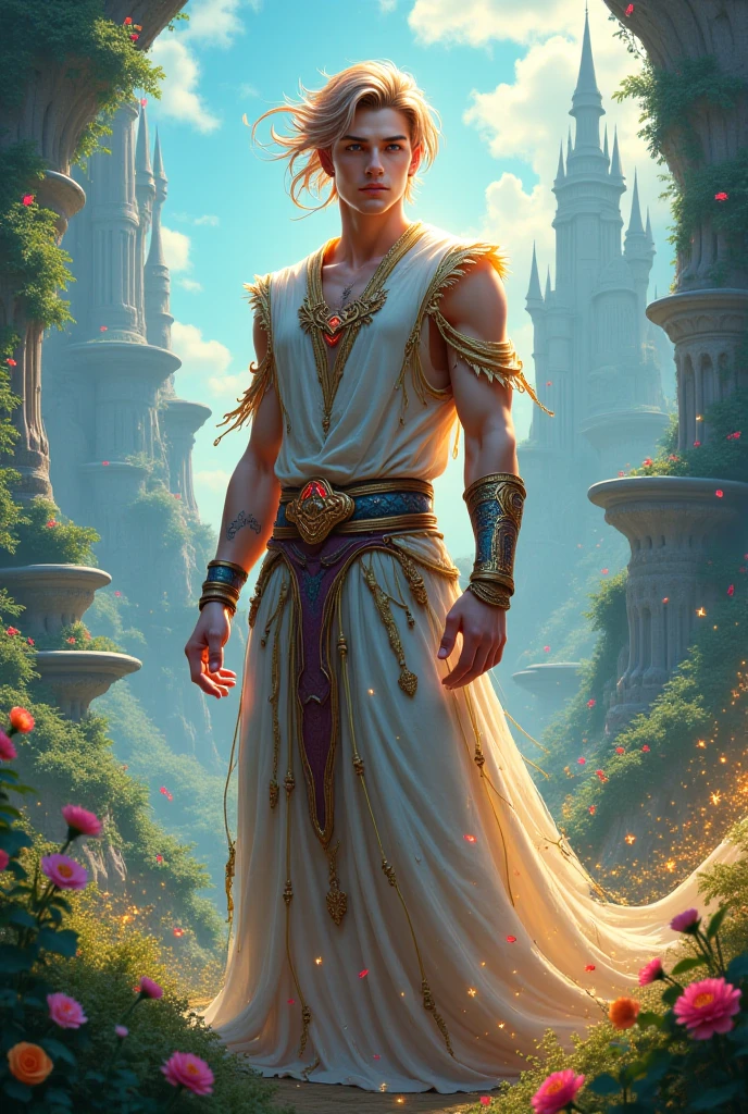 Prince man with purple eyes and gray hair (aesthetic) , that the prince is very attractive (beautiful, handsome in face and body), and that he is in wonderland 