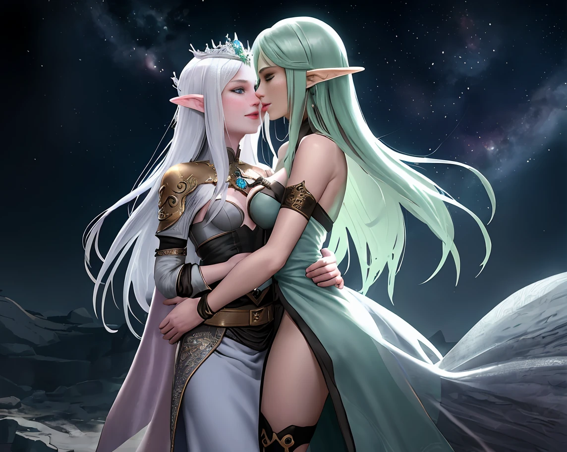 There is beautiful dark elf female with long pointy ears and purple eyes long silver hair with black parts red lips dark purple eye shadows she dressed in sexy white robe with ling tail with golden parts, she wear lot of golden jewlery, She have very beautiful face features , she sitting on the bed hugging black dragon female and passionaly kissing her , ultra high quality fantasy art, masterpiece, full body figure character, ultra highquality character design, 8k quality anime art, top quality wallpaper illustration, detailed high quality face, highquality design and acurate physcs