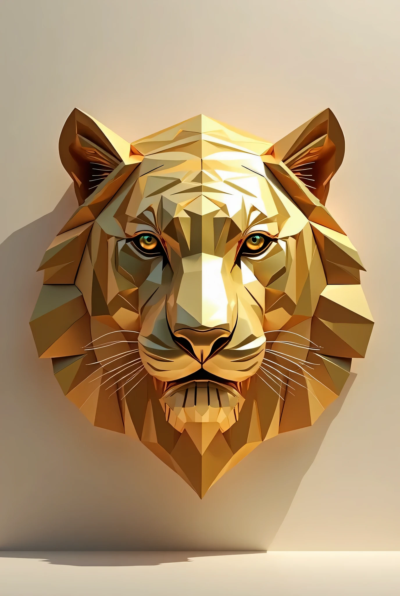 Create a tiger head as a polygon statue in gold as a digital artwork illustration