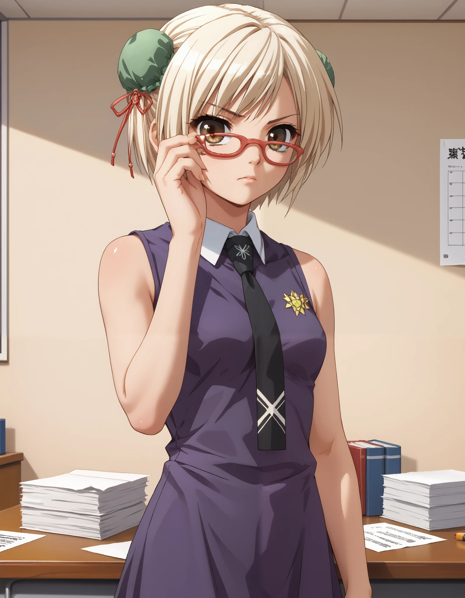 score_9, score_8_up, score_7_up, source_anime, pia carrot style, adjusting eyewear, serious, anime screencap, glasses, light blonde hair, brown eyes, short hair, glasses, hair bun, bun cover, bun covers, double bun, 1girl, solo, third school uniform, sleeveless purple dress, black x necktie, indoors, papers pile, cowboy shot