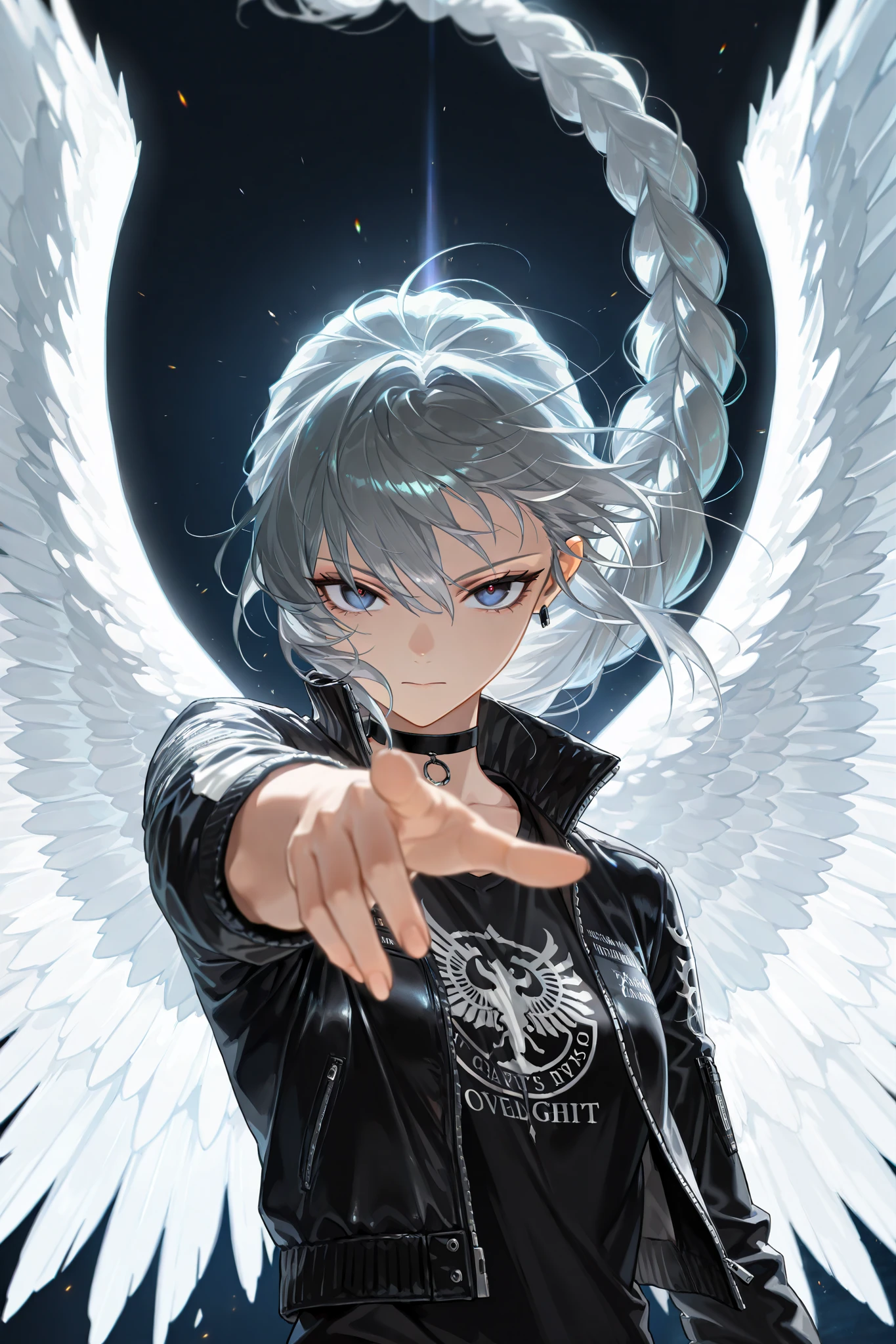by [arknights|(748cmstyle:0.5)], god rays, cinematic shot, mature, young adult, masterpiece, best quality, amazing quality, very aesthetic, high resolution, ultra-detailed, absurdres,
1girl, woman, solo, alone,(dynamic pose, side eye, looking at viewer, upper body focus, action shot, three quarter view, close up, medium shot:1.2), dull gray hair, dark blue eyes, shining starry deep eyes, very long hair, princess braid, royalty, princess, braided ponytail, tsurime, black choker, techwear biker jacket, punk fashion, black t-shirt, nouveau-riche, large wings, glowing white wings,  novuschroma79 style, glitch art photo
BREAK, depth of field, volumetric lighting
 