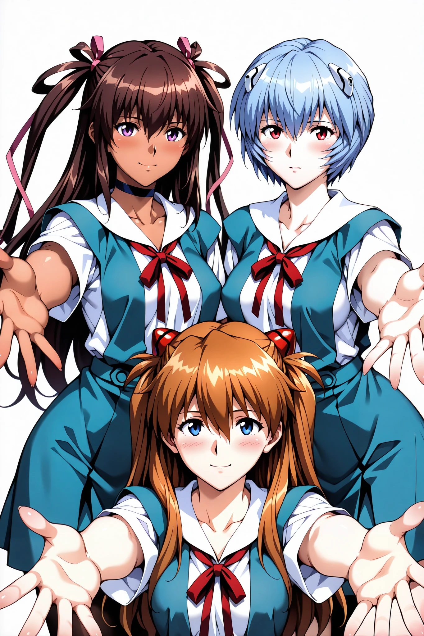 score_9, score_8_up, score_7_up, score_6_up, source_Evangelion
highly detailed eyes, perfect eyes:1.1, 2 girls,
Top Quality, details, newest, AI-generated, super high resolution, Viewers,
curvilinear, anatomically correct, detailsな肌, white background, no background, less eye blow, tokyo-3 middle school uniform, breast press, smile, blush, incoming hug, take you pick,
(c-mizuki, purple eyes, long hair, brown hair, two side up),
break,
(Soryu Asuka Langley, brown hair, long hair, blue eyes),
break,
(Ayanami Rei, blue hair, short hair, red eyes),