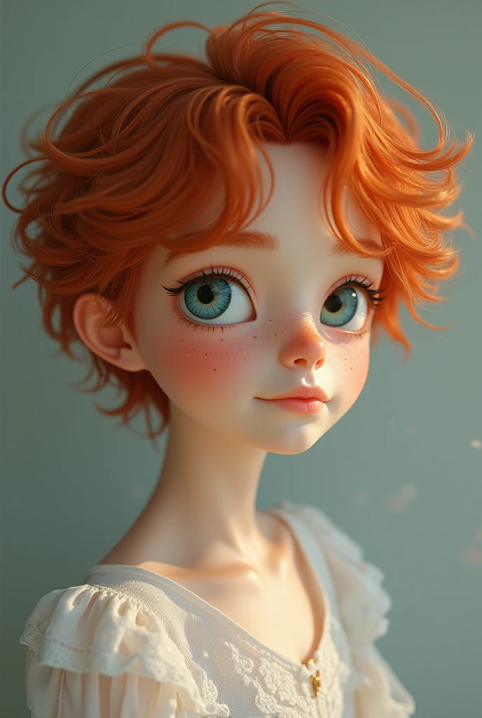 A light red-haired boy, pinkish white skin, and freckled, with amber eyes 