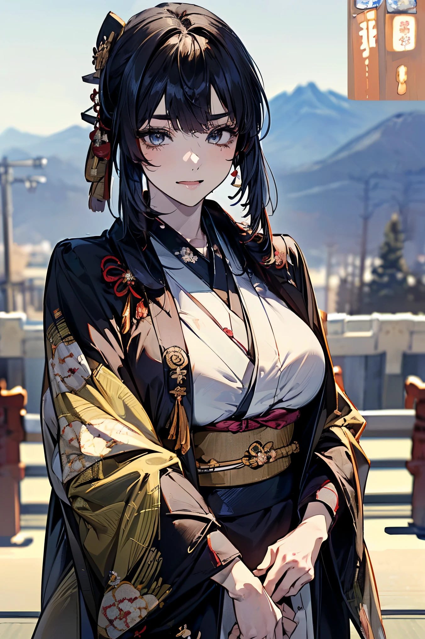 (masterpiece:1.5),beautiful hair,beautiful eyes with a vagina,Beautiful slender body,(Konno Anna:1.2),(Riho Yoshioka:1.1),(closes her eyes and sticks out her tongue:1.3),(Mountains in the background:1.4),bust illustration from the front ,Cleavage,((((An Extraordinary Beauty:1.7)))),((((military jacket, kimono,Japanese and Western,Taisho Romance:1.5)))),((19-year-old single woman holding a fish in her hand:1.1)),(accurately depicted anatomically correct hands:1.1) dark hair,long lashes,Three-dimensional, jewel-like eyes,Very delicate and beautiful CG,2. 5D illustration, Anatomically Accurate Body, (Extremely precise illustrations:1.1),(Outdoors:1.4), (wallpaper:1.4),8k