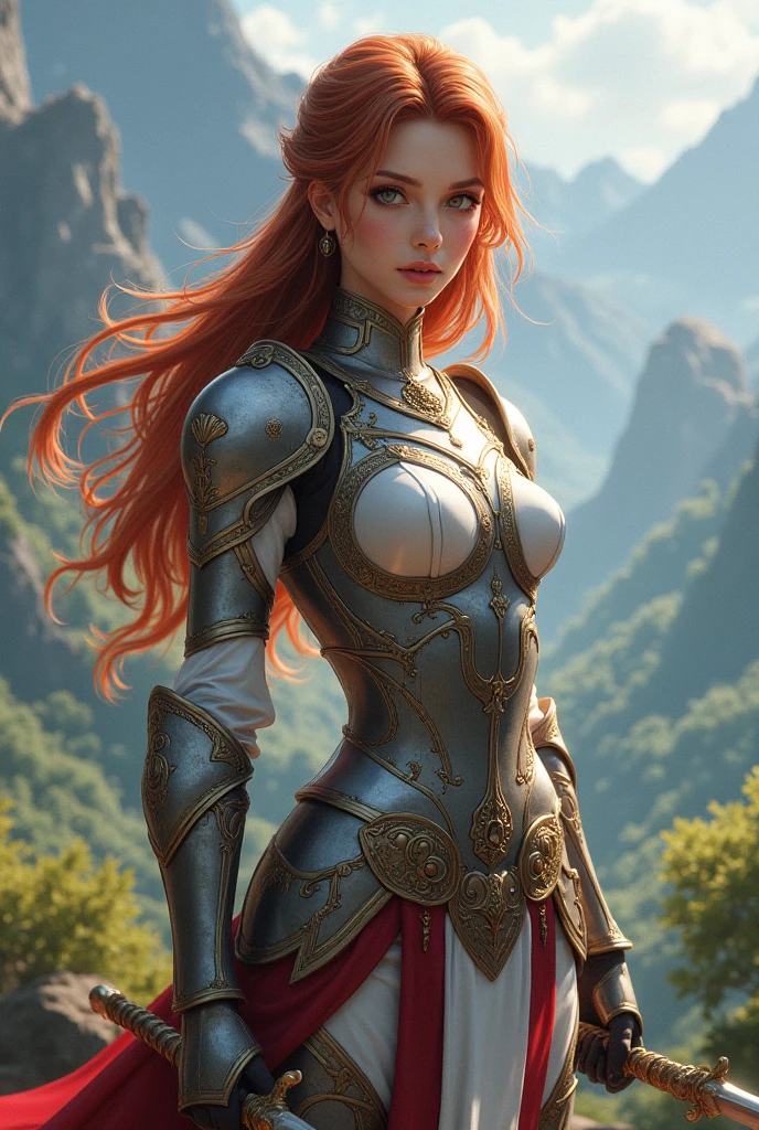 ((high resolution)), ((pale skin)), freckled, redhead ((19 year old)) girl, ((medium breasts)), six pack abs, thin body, long wavy hair, as a fantasy warrior, sexy armor