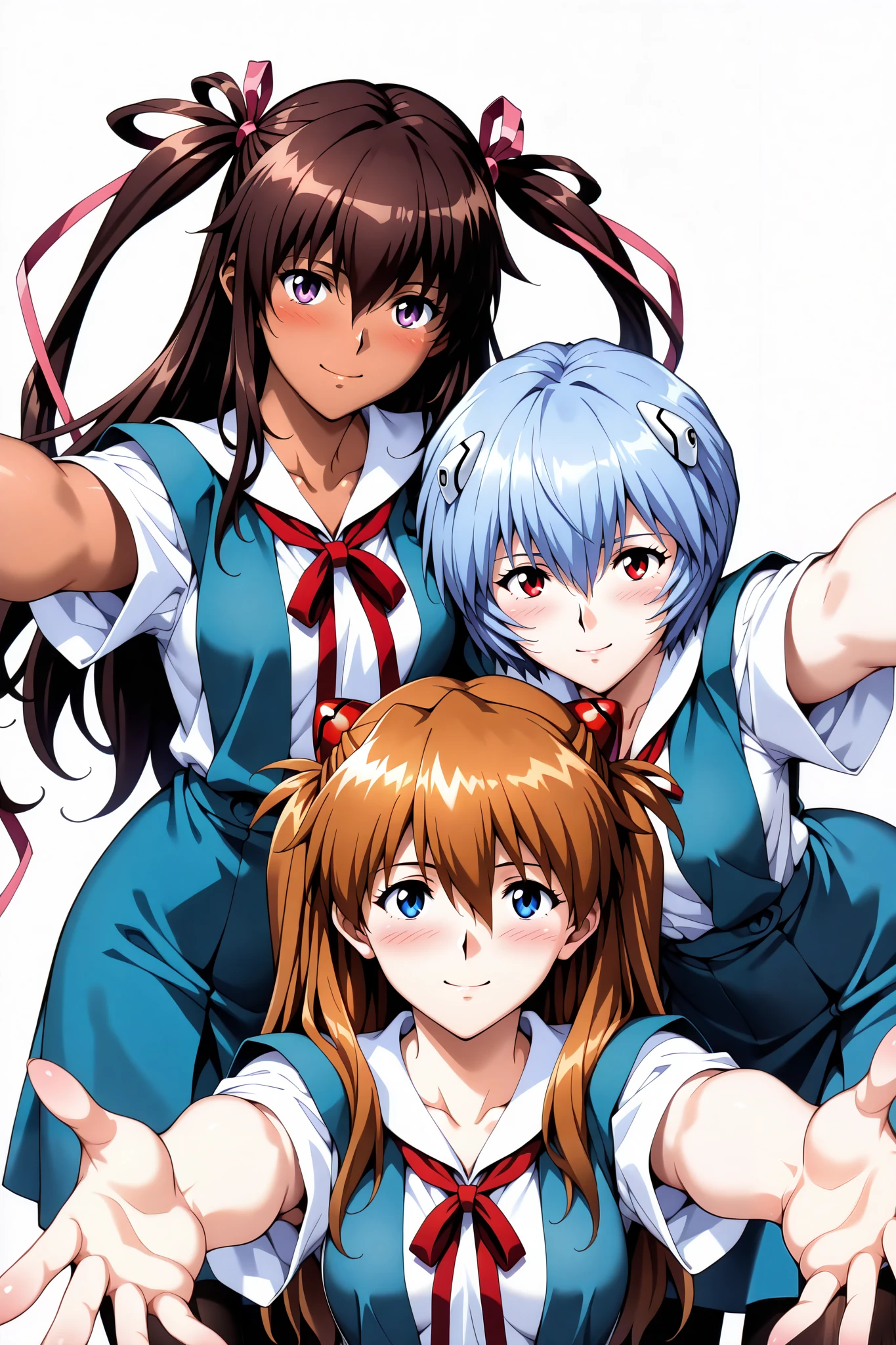 score_9, score_8_up, score_7_up, score_6_up, source_Evangelion
highly detailed eyes, perfect eyes:1.1, 2 girls,
Top Quality, details, newest, AI-generated, super high resolution, Viewers,
curvilinear, anatomically correct, detailsな肌, white background, no background, less eye blow, tokyo-3 middle school uniform, breast press, smile, blush, incoming hug, take you pick, (ecstasy:0.7),
(c-mizuki, purple eyes, long hair, brown hair, two side up),
break,
(Soryu Asuka Langley, brown hair, long hair, blue eyes),
break,
(Ayanami Rei, blue hair, short hair, red eyes),