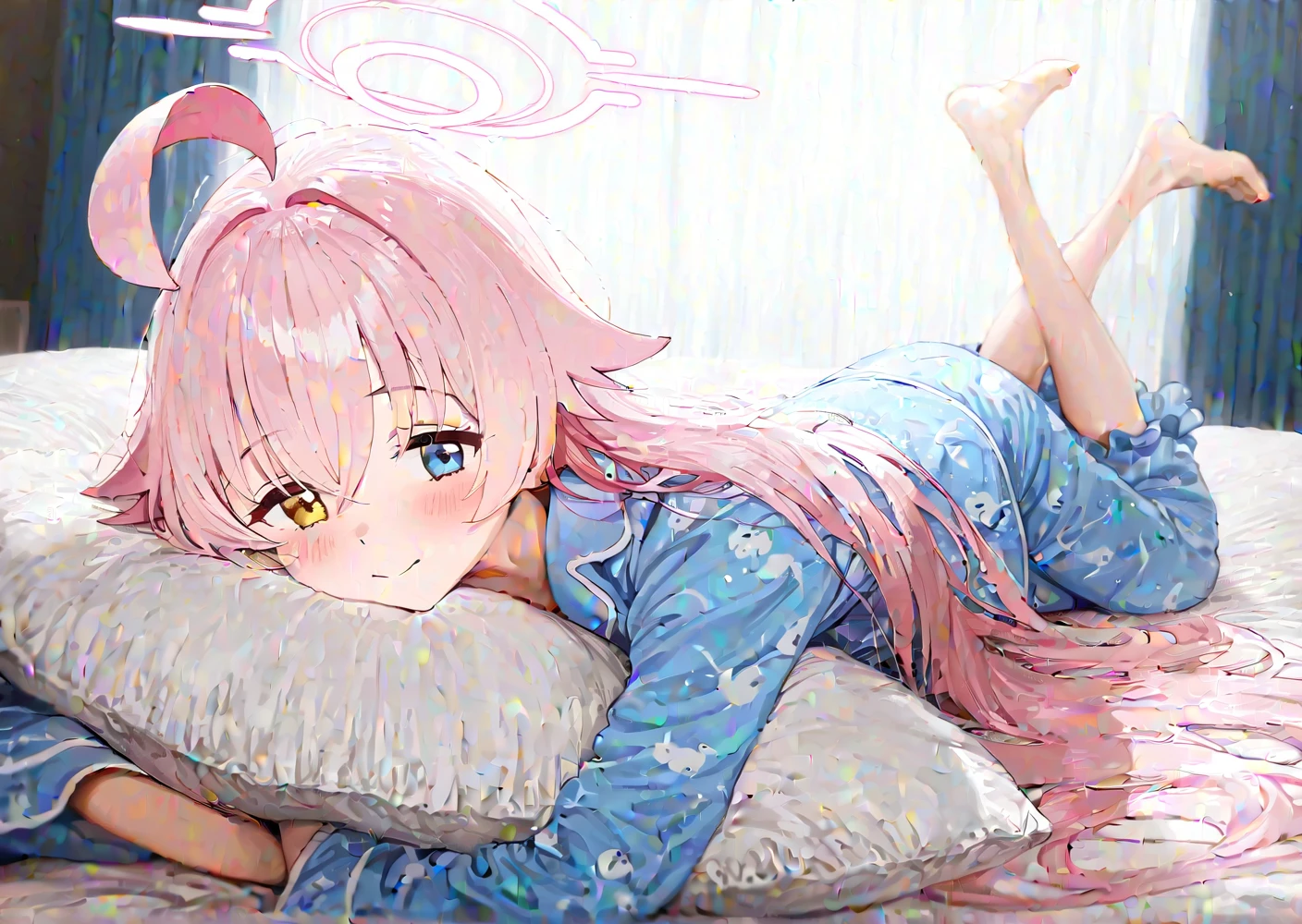 1 year old little ，baby pink hair，White transparent bikini，Lie down in bed，back on the bed，Heterochromic pupils，The left pupil is yellow，The right pupil is blue，Knees touching chest，Grasp your knees with both hands，Thighs apart，There is white liquid coming out of the underwear，Be red in the face，Bad laughs，Fully naked and wet，gasps，perspired，Soaked，The bikini was wet，dishiveredhair