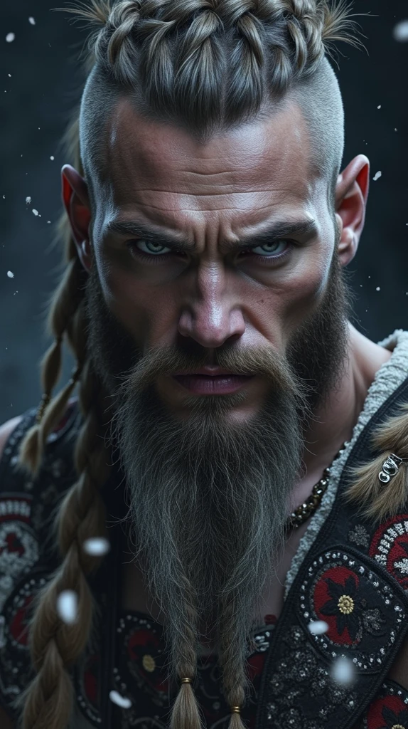 (Highest quality:1.3), cinematic shot, masterpiece, (sharp focus:1.5), (photorealistic:1.3), medium portrait of (a weary-looking but still proud and fierce-looking old Viking warrior, now the leader of his village, dressed in elaborately detailed chain mail and leather armour, a few torches burn on the walls, giving the scene a dark atmosphere but sculpting the forms in sharp chiaroscuro), it is night time, (highly detailed skin), (detailed face), detailed background, dark lighting, twilight lighting, volumetric lighting, intricate details, UHD,