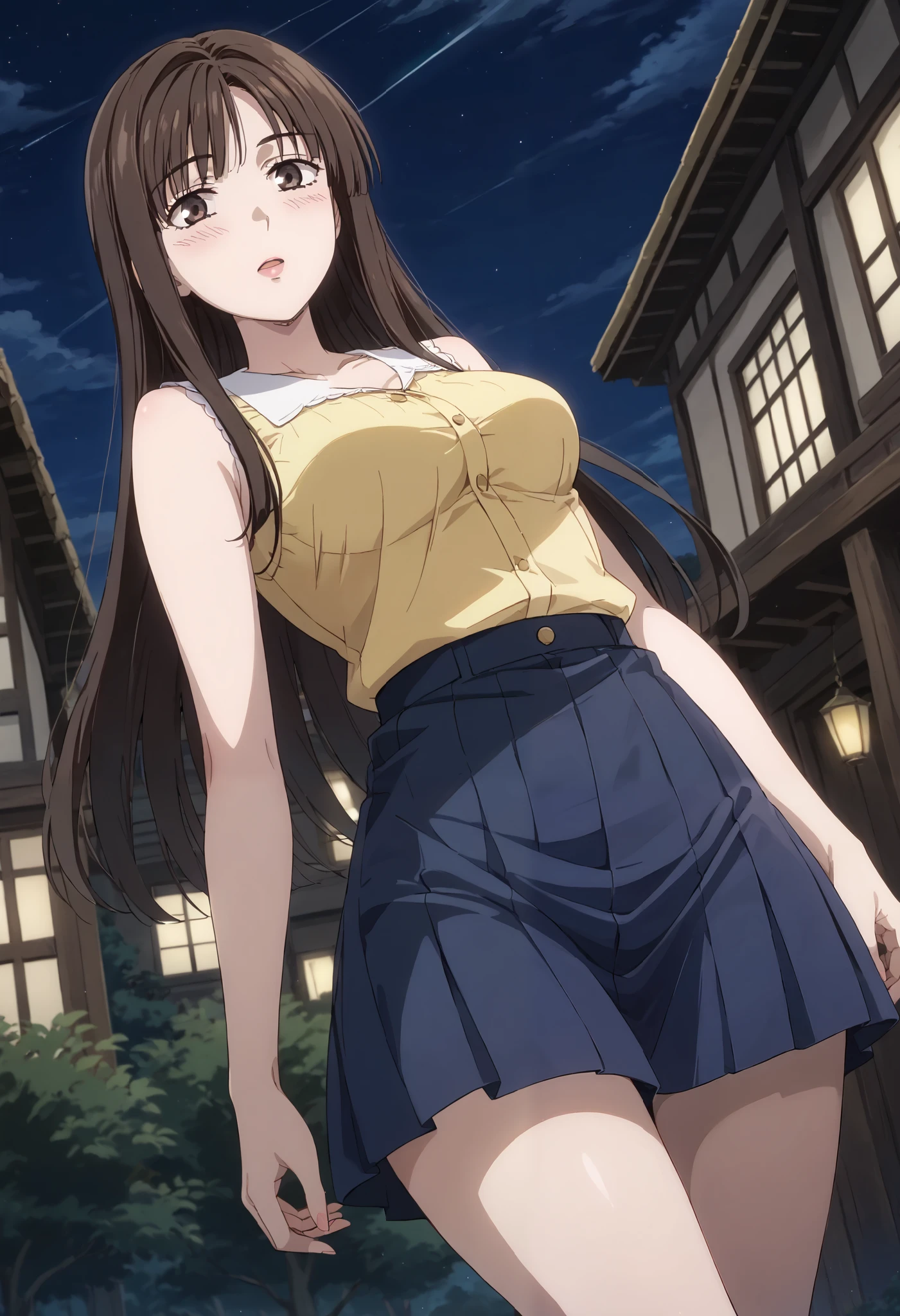  Mako Sato (Initial D　)、 yellow sleeveless shirt、dark blue tight skirt、((Close-up))、(low angle)、(medium breasts)、cleavage、I'm ashamed、cover、Outdoors、Ulchan-6500-v1.1, ( RAW photos :1.2), beautiful detailed, very detailed目 美しい目, beautiful eyes、Brown Eyes 、 file size is large, high resolution, very detailed, Top Quality, [masterpiece:1.6], Awareness-raising, very detailed, CG, finely, Top Quality, 8K wallpaper, perfect body shape、Dynamic、very detailed、((long hair))、black hair、thigh