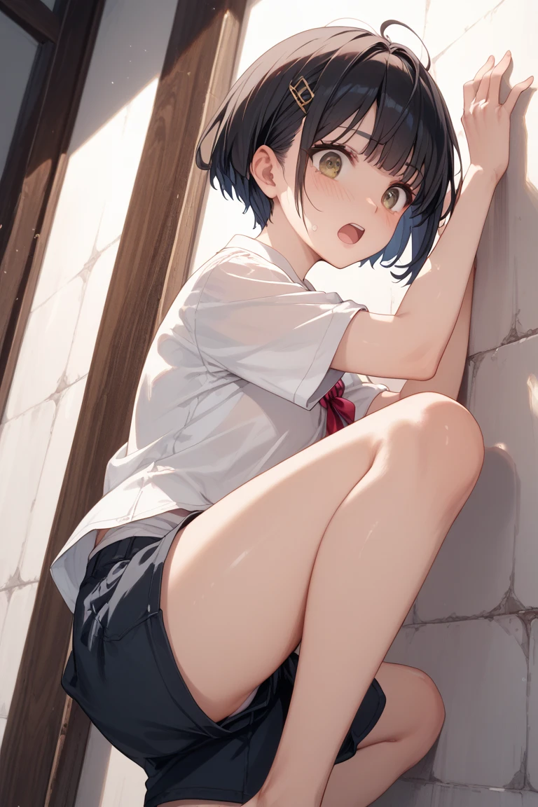 (Masterpiece, top quality, high resolution, realistic photo, realistic looking skin:1.1),
(Woman is crouching with her legs closed with both knees and thighs together:1.9),
(The woman's body is facing directly toward us and her panties are visible:1.9),
(She is resting her elbows on her knees and resting her cheekbones on her cheekbones: 1.5),
(Glimpse of panties: 1.8),
(She has a smirking smirk on her face:1.5),
(She is wearing a light blue V-neck T-shirt:1.5),
(She is wearing a gray miniskirt:1.5),
(She is wearing black high socks: 1.8),
(Both pairs of socks are the same color and the same length:1.8),
(Panties are white simple cotton: 1.5),
(Brown medium hair: 1.5),
(Location: living room of the house:1.5),
1 Japanese girl, solo, full bodied esbian, beautiful eyes, glowing eyes, glowing thighs, NSFW