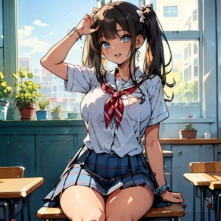 high school girl、Dressed in high 、School classroom、(Big Breasts)、((独奏))、alone、smirk,Cheek resting on hand、Crossing legs