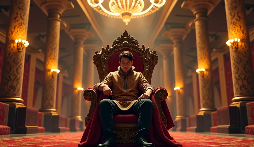A 20-year-old boy is sitting on a golden chair in a golden palace wearing a crown and money and gold under his feet.