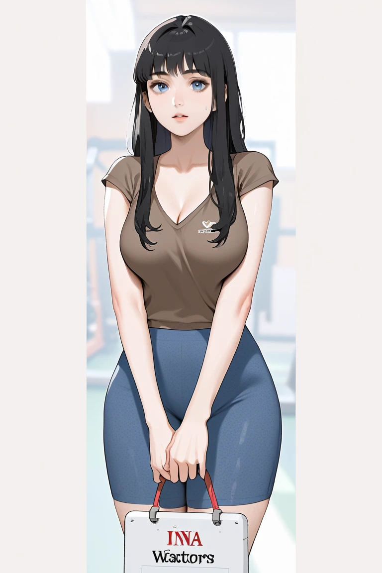 ((1girl, solo)), ((mature female)), beautiful body, (perfect anatomy, perfect body, perfect hands, perfect legs), (five fingers:1.5), natural proportions, sexy body, large breasts, cowboy shot BREAK
((extremely detailed face)), (beautiful detailed eyes:1.6), (realistic pupils, realistic iris:1), expressive eyes, looking at viewer, (clear eyes:1.3), (hyperrealistic:1.2), (detailed skin texture:1.2), smooth skin, (green eyes:1.5), (black hair:1.5), (long hair), bangs, hair over shoulder, scrunchie, (detailed lips:1.2), (attractive lips:1.1), (glossy lips:1.1), open mouth, blush, perfect face, perfect eyes BREAK
(blue shirt), collarbone, cleavage, long sleeves, (white pants), skin tight, barefoot BREAK
(masterpiece:1.5), anime-style, top quality, best quality, (beautiful and aesthetic:1.2), (ultra detail:1.5), Ultra-detailed depiction, Ultra-precise depiction, extremely detailed 8k illustration, high resolution, (highly detailed shading:1.2), (realistic lighting:1.4), perfect lighting, vibrant colors, dynamic tones, striking hues, 8k, absurd resolution, perfect shadows, hdr, UHD, ambient lighting, realistic, ultra-realistic, photo realistic, highly detailed, rich detail, luminous colors, fine texture, intricate design, professional illustration, (soft light:1.2), (illustration:0.7)