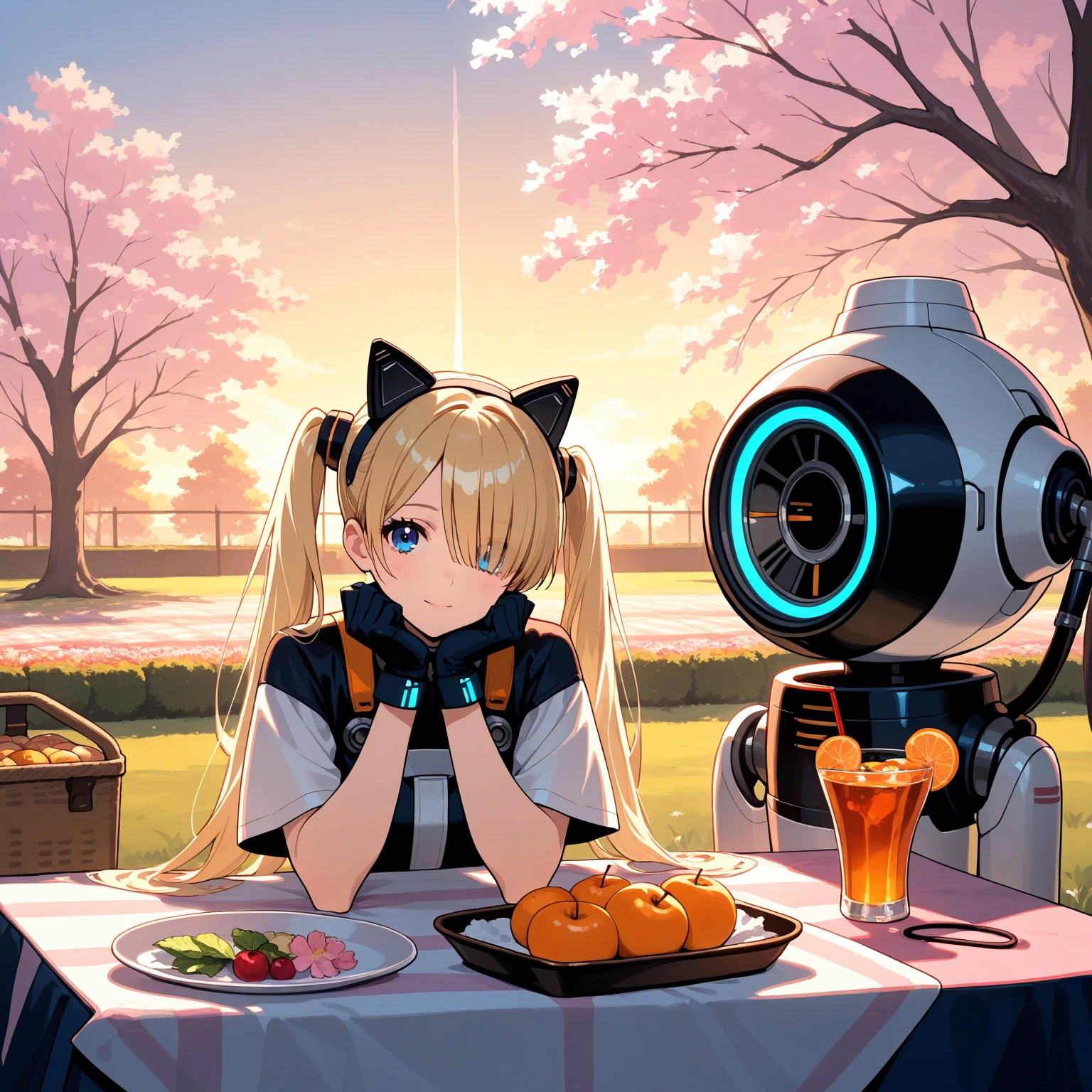 1girl, solo, sitting, picnic, under cherry blossom tree, long hair, make-up, fake animal ears, gloves, looking at viewer, upper body, blond hair, long ponytails, short sleeves, hair over one eyes, fruits, beverage, garden, science fiction, cable, hoses, robot joint, skycrapers background, sunset, masterpiece, high-res, newest, very awa, absurdres,high res