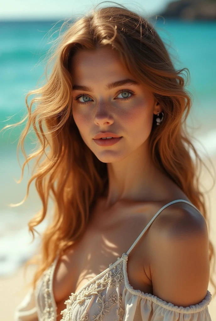 High quality, high resolution, best composition, one beautiful woman, only upper body out of the water, white swimsuit, best proportions, beautiful eyes with details, small face, long hair, real skin.