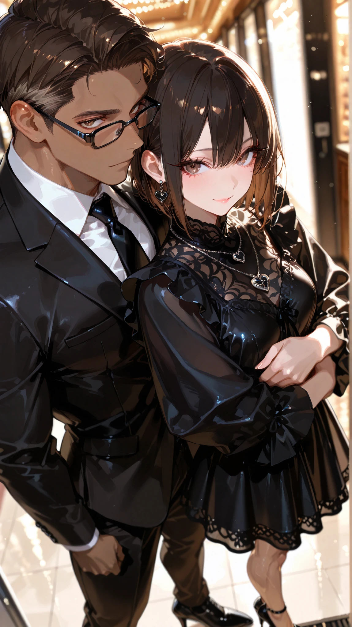 masterpiece,best quality,amazing quality, detailed eyes, very aesthetic, depth of field, detailed background, 1boy, 1girl, male has brown skin, male has long face, male has low fade hair , male has dark brown eyes, black hair, male is muscular, male wearing a fancy black suit, male wear black browline glasses, stylish apacious prom room, male is hugging girl from behind while standing (girl has dark brown short straght hair, dark brown eyes, long eyelashes and girl has ivory skin, girl wearing a fancy long black dress, girl wears black heels, girl wears black heart necklace), from wide front angle, both looking at viewer, both happy, girl has short hair