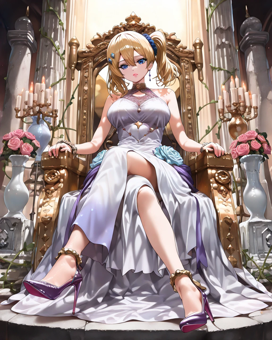 (master-piece), Top Quality, ultra highres, (realism: 1.4), (detailed face: 1.2), magnifique jeune femme, reine, in a very detailed white and gold and blue royal dress, 25 ans, sourire, throneroom, Highly detailed clothing, assise, (corps entier)