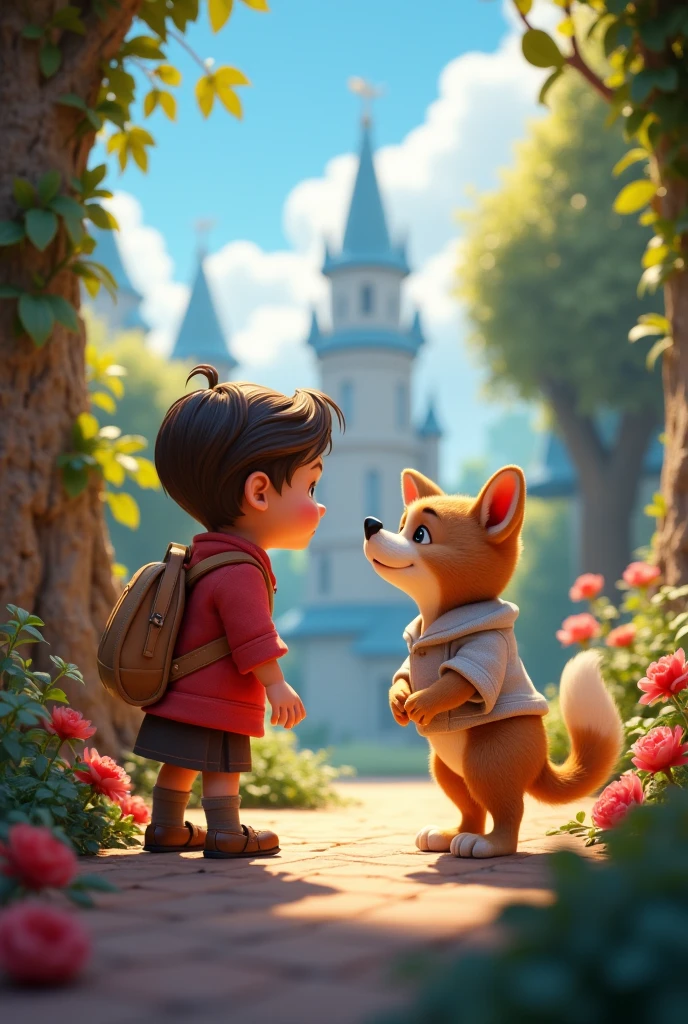 A whimsical animated image of a young boy with brown hair, bright and frightened hazel eyes, Standing in a grand museum gallery between ornate marble columns and intricate tile floors, Surrounded by luxurious chandeliers that cast a warm golden light. She is dressed in a red coat. in front of her, on a pedestal, There is a magnificent statue of an iron wolf. She looks and touches the statue. The general atmosphere is one of quiet wonder.,