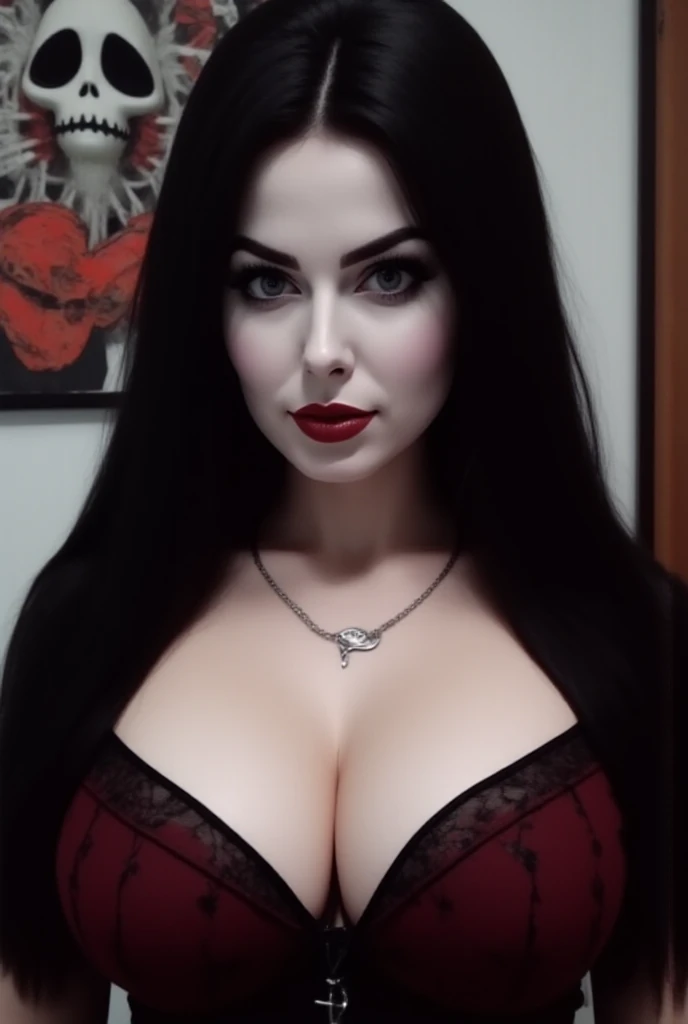 handsome female, pale skin, black hair, gothic, red eyes, black background, strong king, emperor, warrior,vampire clothes, face shot, sexy, demon, voluptuous, thick, gigantic breasts
