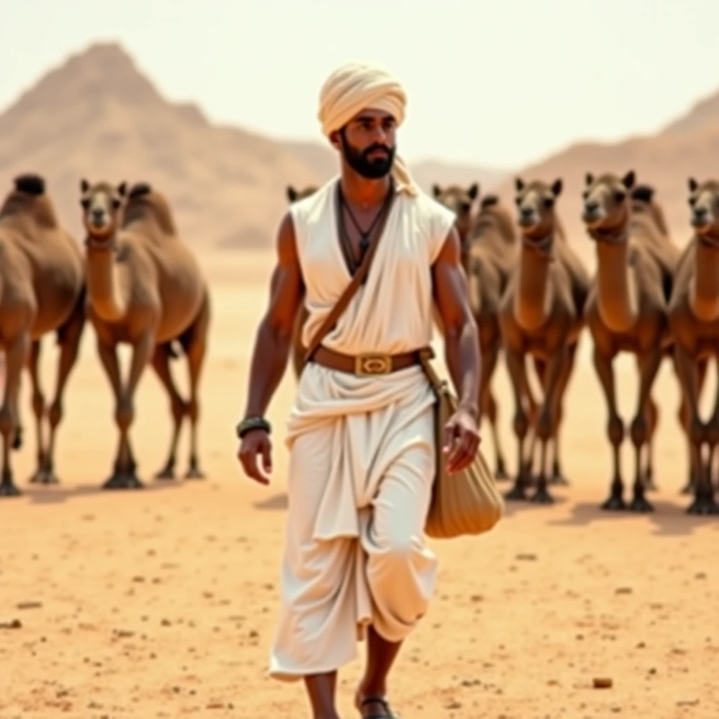 a beautiful model cyberpunk criminal young man, strong muscular man, dark hair, grey eyes, tattooed, short beard, standing in a desert oasis, bare chest, Arabic turban, white linen trousers, looking away from camera, (standing next to a camel:1.3), one hand behind head