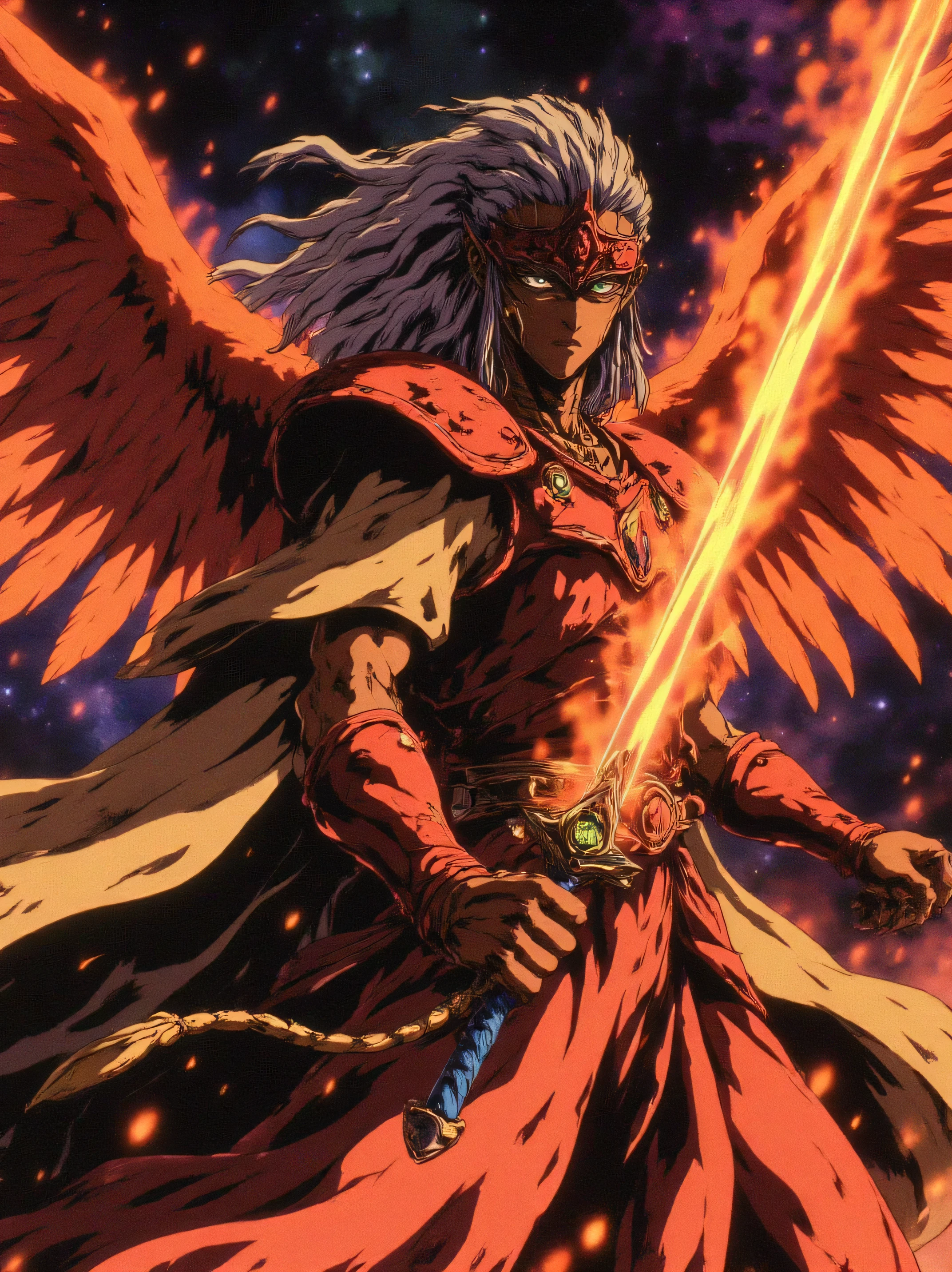 Anime male slayerYellow Eyes, Masterpiece, High Resolution, Anatomically Correct, Best Quality, HD, High Details, Detail, High Quality, Final Fantasy/Witcher/Wushu/Dynasty warriors anime style. Young African warrior in Crimson babylonian samurai armor, crimson Gambeson, vedic sashes, and Beige surcoat with a Phoenix symbol. black hakama pants. Posed in a fight stance. White cornrow braids styled into a long dreadlocks ponytail. Gold Eyes. Cosmic fiery Background. Wielding a fiery Great Katana with a Crossguard with a blue cord wrapped on the hilt. Power, Phoenix Wings, Flames, Holy light. no tattoos.
Anime, Anime Style, Cinematic, Depth Of Field, Motion Lines, God Rays,