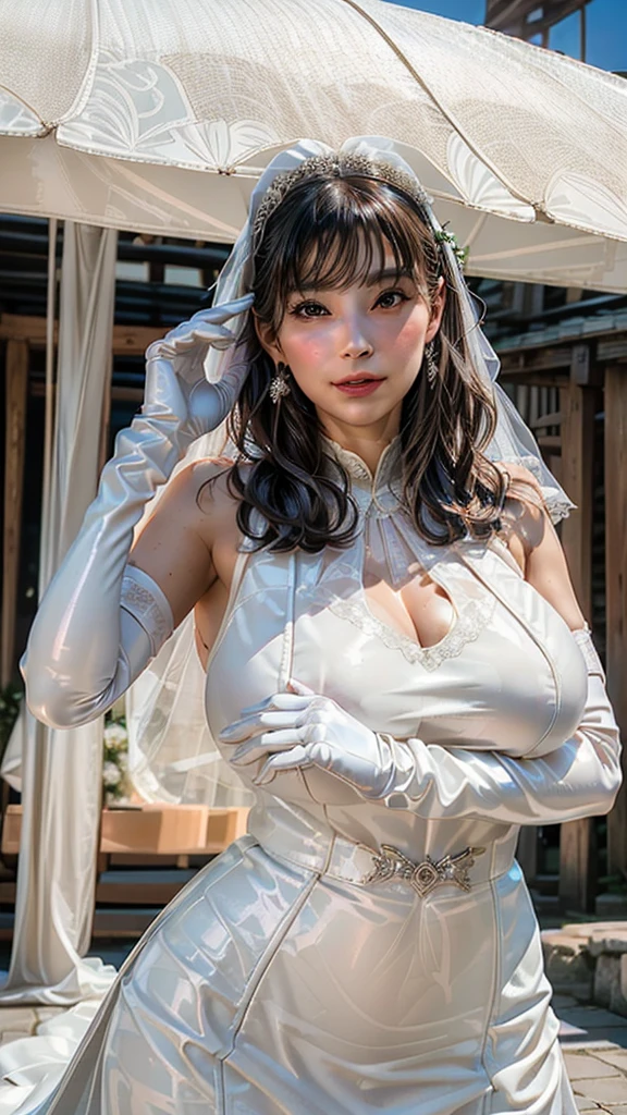 Highest quality，masterpiece，Ultra-high resolution, Very detailed, 8K，14 year old beautiful Japanese woman:1.5, Small face, Black Hair, blunt bangs, ((Woman crucified on the cross:1.5, Breast Augmentation Surgery)), (Detailed glamorous pink magical girl costume:1.5)