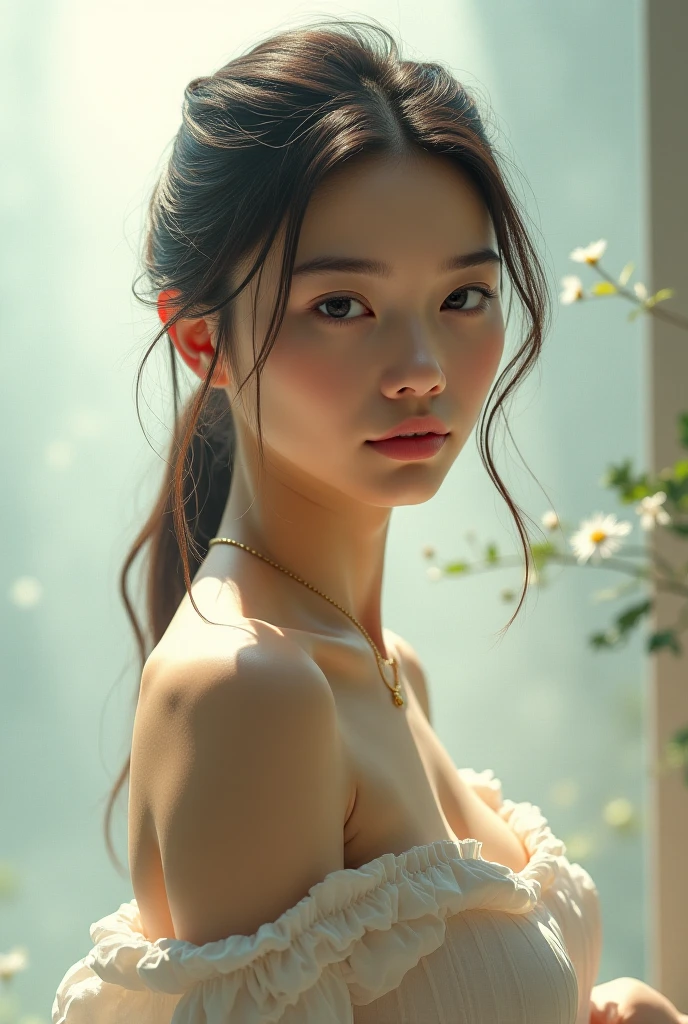 An elegantly dressed Japanese woman in natural light、A close-up of her huge breasts and calm expression.、It shows her inner peace and outer charm.。