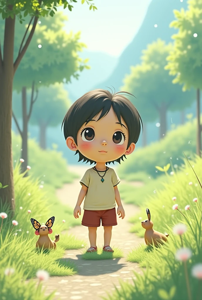 CREATE THIS CHILD PLAYING WITH HIS BRUSH IN THE FOREST.