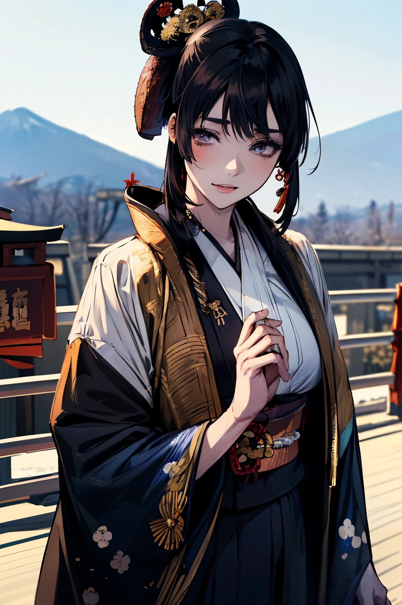 (masterpiece:1.5),beautiful hair,beautiful eyes with a vagina,Beautiful slender body,(Konno Anna:1.2),(Riho Yoshioka:1.1),(closes her eyes and sticks out her tongue:1.3),(Mountains in the background:1.4),bust illustration from the front ,Cleavage,((((An Extraordinary Beauty:1.7)))),((((military jacket, kimono,Japanese and Western,Taisho Romance:1.5)))),((19-year-old single woman holding a fish in her hand:1.1)),(accurately depicted anatomically correct hands:1.1) dark hair,long lashes,Three-dimensional, jewel-like eyes,Very delicate and beautiful CG,2. 5D illustration, Anatomically Accurate Body, (Extremely precise illustrations:1.1),(Outdoors:1.4), (wallpaper:1.4),8k