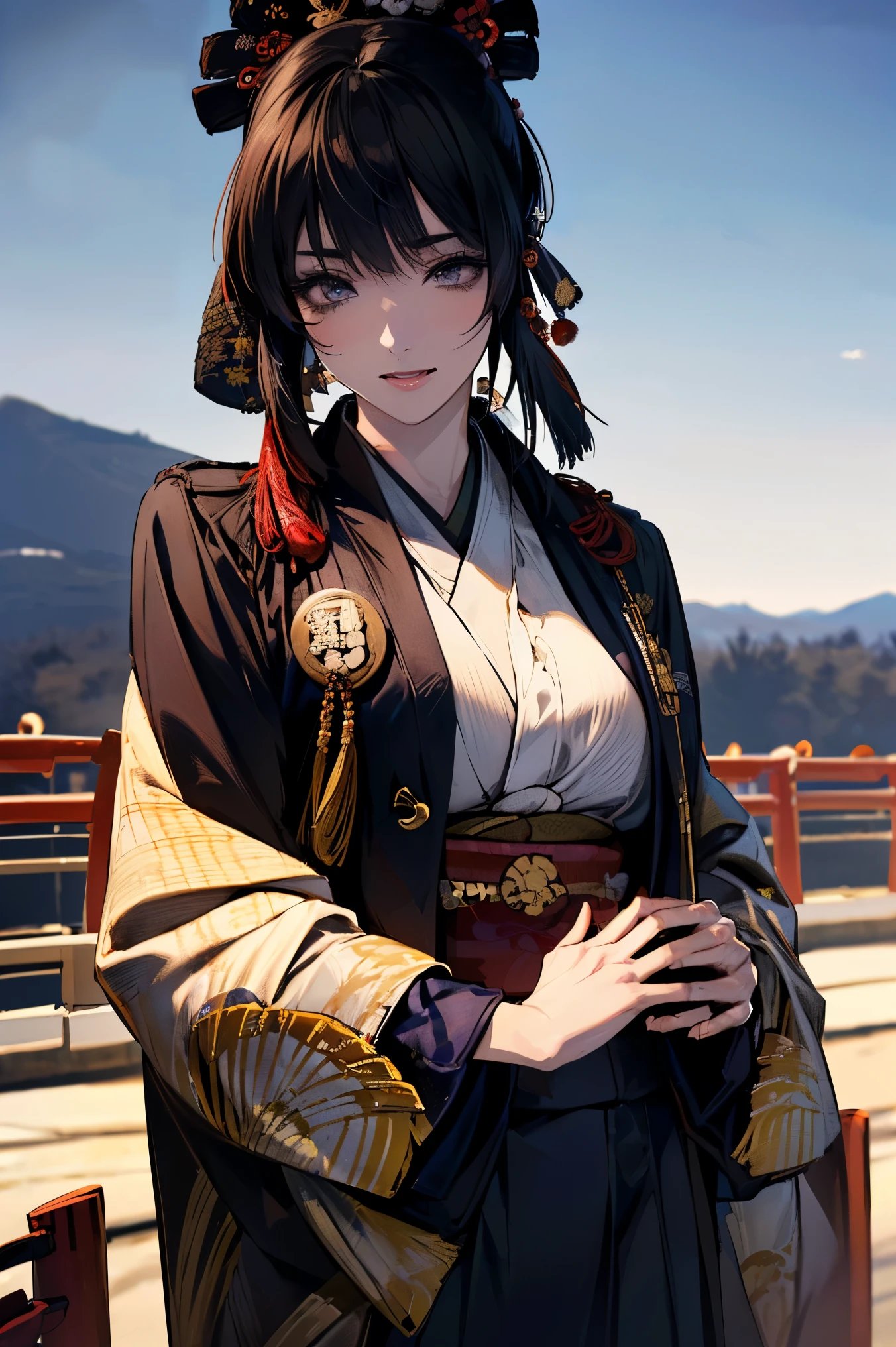(masterpiece:1.5),beautiful hair,beautiful eyes with a vagina,Beautiful slender body,(Konno Anna:1.2),(Riho Yoshioka:1.1),(closes her eyes and sticks out her tongue:1.3),(Mountains in the background:1.4),bust illustration from the front ,Cleavage,((((An Extraordinary Beauty:1.7)))),((((military jacket, kimono,Japanese and Western,Taisho Romance:1.5)))),((19-year-old single woman holding a fish in her hand:1.1)),(accurately depicted anatomically correct hands:1.1) dark hair,long lashes,Three-dimensional, jewel-like eyes,Very delicate and beautiful CG,2. 5D illustration, Anatomically Accurate Body, (Extremely precise illustrations:1.1),(Outdoors:1.4), (wallpaper:1.4),8k
