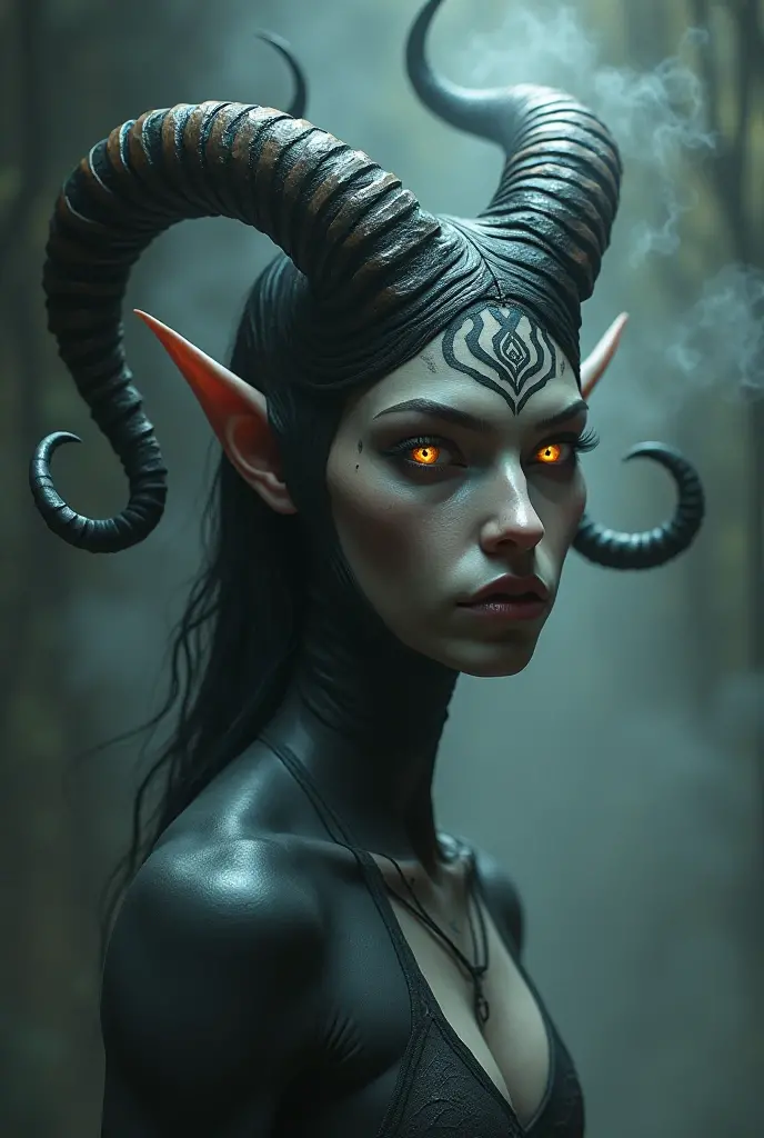 a couple of anatomically perfect gray-skinned humans with orange eyes, pointed ears, horned crowns, dark hair, detailed facial features, hyper-realistic, cinematic lighting, highly detailed, 8k, photorealistic