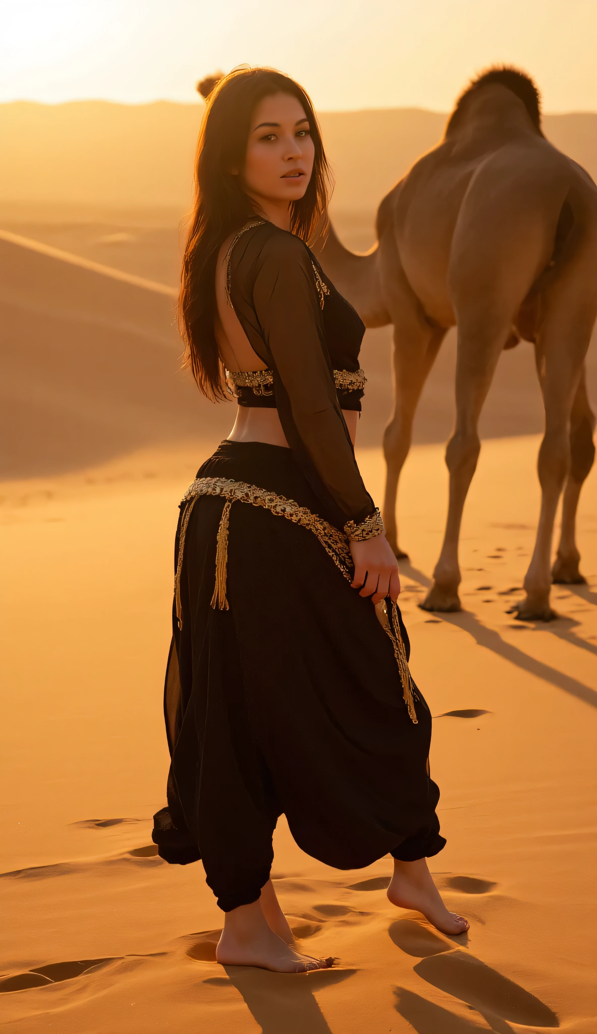 "A stunning woman with long, wavy black hair big Ass walks forward through the golden dunes of the Dubai desert at sunset. She wears an elegant black and gold Arabian-inspired outfit—her sheer, flowing top adorned with golden embellishments, a shimmering belt with dangling coins, and billowy harem pants with intricate golden chains swaying with each step. As she moves, the warm desert breeze lifts strands of her hair. Suddenly, she glances back over her shoulder with a captivating, mysterious expression. The camera focuses on her back, capturing the graceful movement of her outfit and the soft footprints she leaves in the sand. Beside her, a majestic camel walks calmly, its silhouette blending into the breathtaking golden hues of the vast desert stretching endlessly ahead. The scene is bathed in the warm glow of the setting sun, creating an enchanting and cinematic moment."