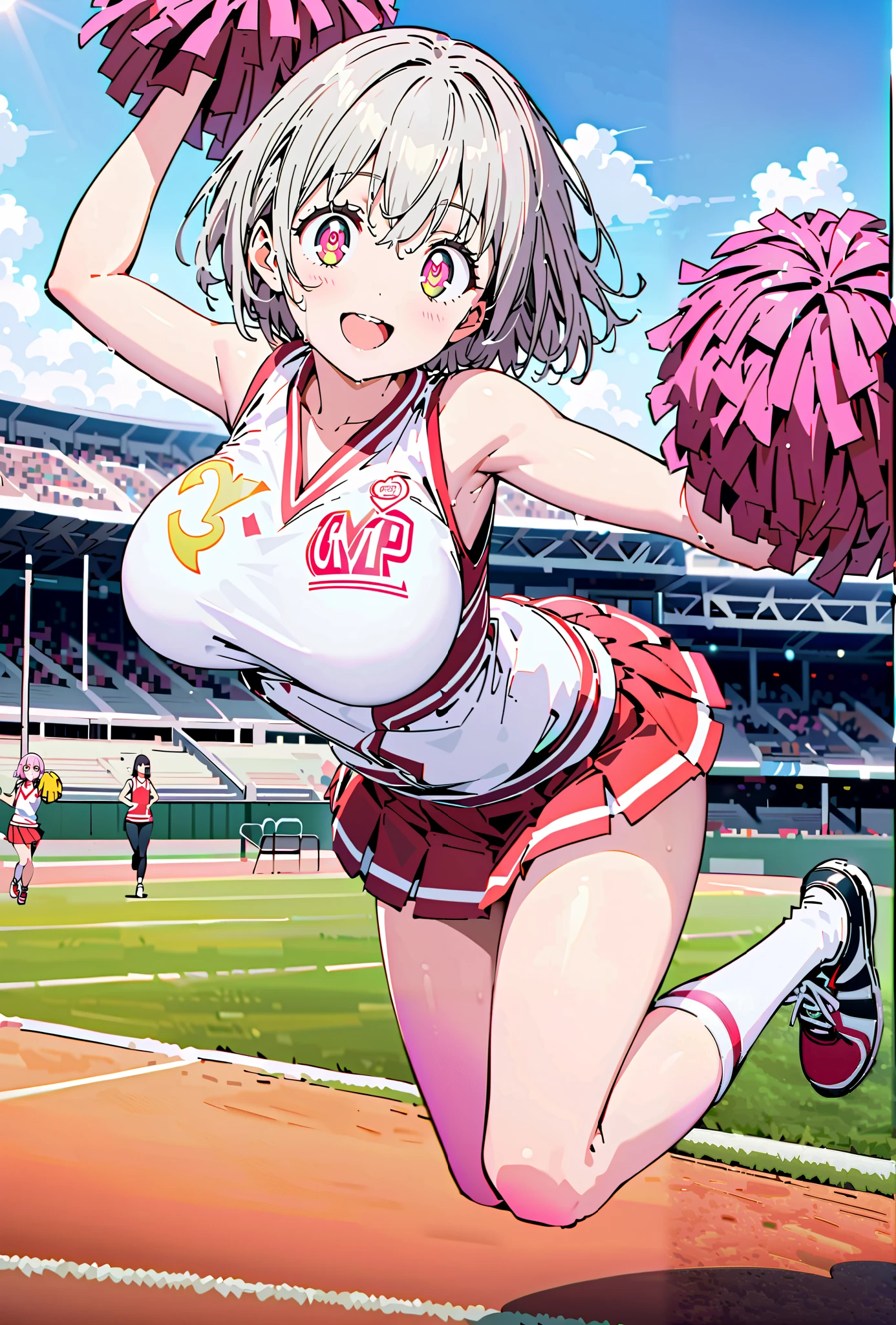 Red root heart ,solo, light purple hair, pink eyes, Glowing Skin,short hair,Big Breasts,smile,cover,opens her mouth,(Cheerleading), (full body), on chest, (sweated), sweated Wet Clothes, (white clothes),sleeveless, pleated skirt,White socks,sneakers with a ladyback letter, stomach button support , playground, (jump), (jump), 両足を曲げてjumpする,, blue sky, Compa,cheerleader, Pom-pom \(Cheerleading\) real hair ornaments,break outdoors,Stadium,
break looking at viewer,full body,
break (masterpiece:1.2), Top Quality, high resolution, Unity 8k 壁紙, (illustrations:0.8), (beautiful detailed eyes:1.6), very detailed face, so that it fits into the illustration, extremely detailed CG, full body写真,(Perfect Hand, perfect anatomy),